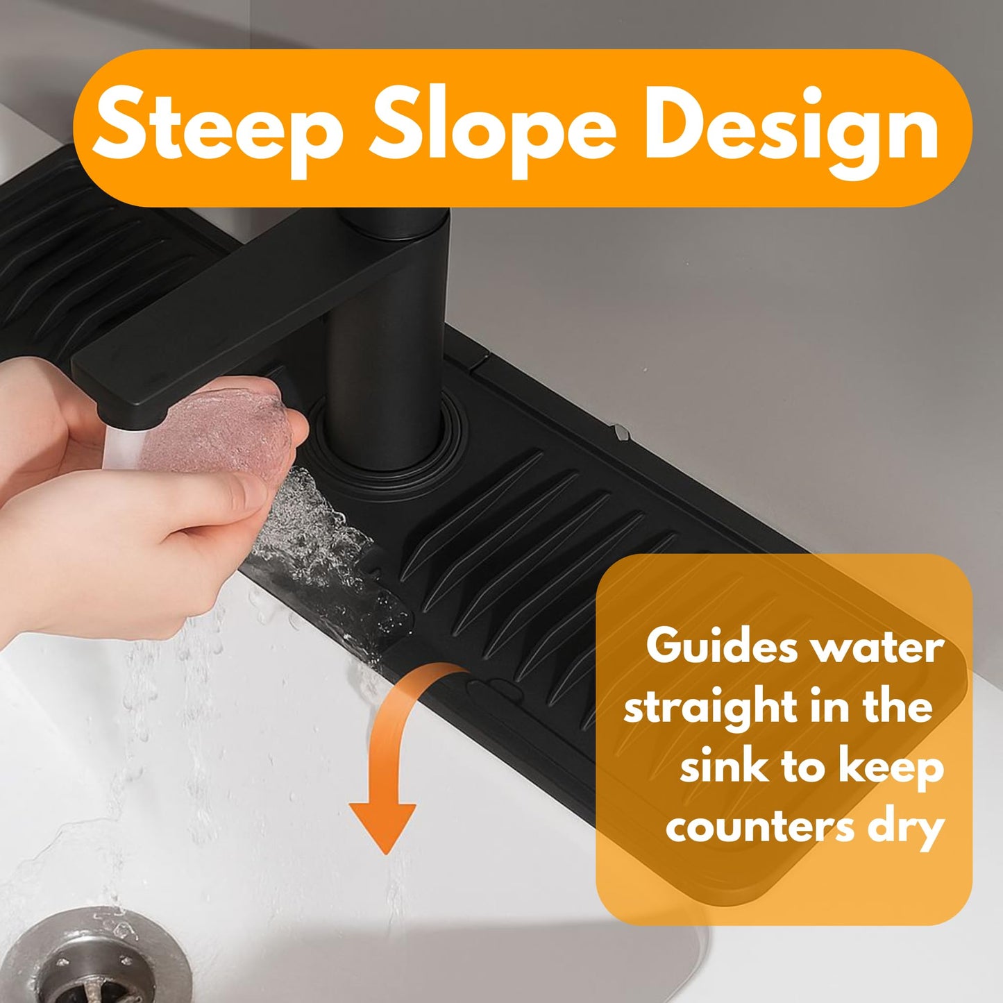 SILLINEX Silicone Draining Mat, Silicone Splash Catch Mat Non-Slip Sink Mat, Sloped & Heat Resistant Folding Sink Mat for Kitchen Counter, Sink (Black)